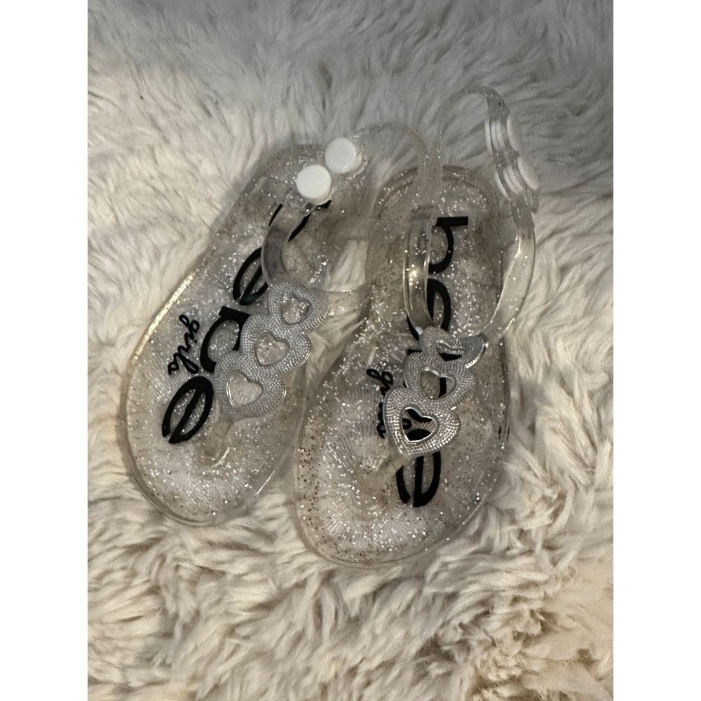 Bebe Girls Clear Silver Glitter Jelly Sandals Heart Accent Slingback Size S